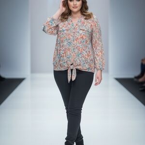 Cocomo Plus Size 2X Boho Floral Tie Front Blouse | Peplum Ruffle Long Sleeve Top